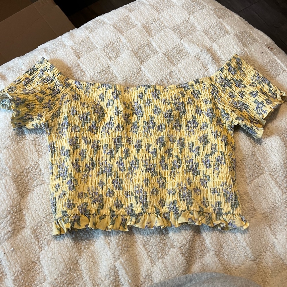 American Eagle Outfitters Yellow and Blue Smocked Ruffled Blouse